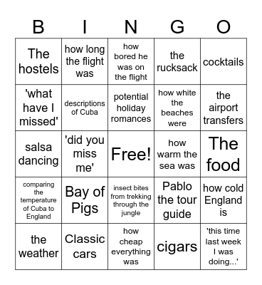 Tom's Cuba Trip Bingo Card