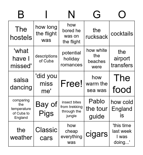 Tom's Cuba Trip Bingo Card