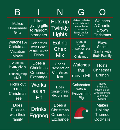 Favorite Holiday Traditions Bingo Card