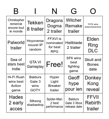 The Game Awards 2023 Bingo Card