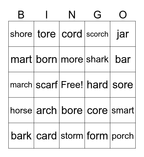 ar/ or/ ore Bingo Card