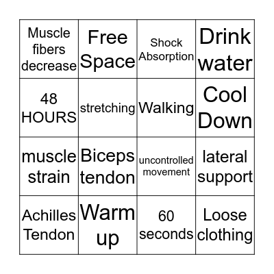 Prevent Injury During Exercise Bingo Card