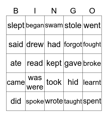Irregular verbs Bingo Card