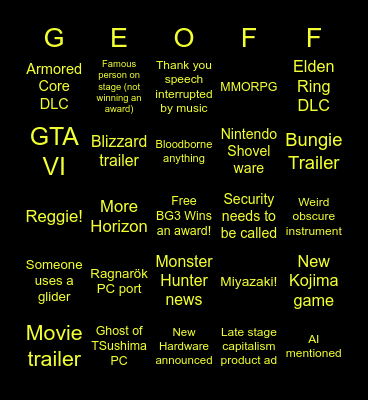 The Game Awards 2023 Bingo Card