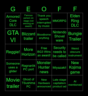 The Game Awards 2023 Bingo Card