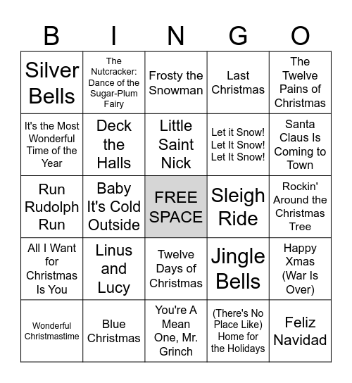 Holiday Song Bingo Card