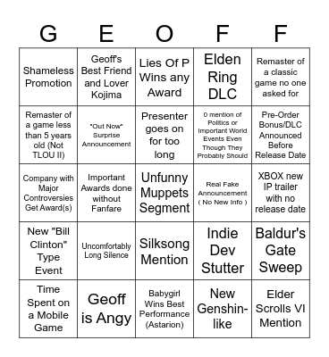 The Bois Bingo the Game Awards 2023 Bingo Card