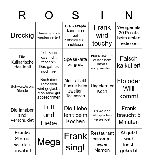 Rosins Restaurants Bingo Card