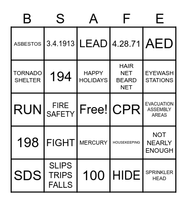 SAFETY AWARENESS BINGO Card