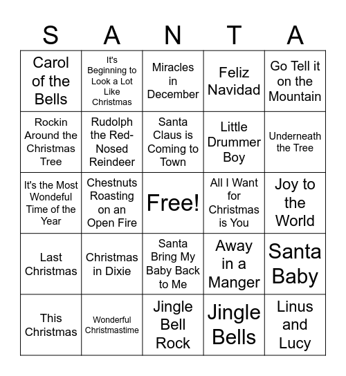 Christmas Songs Bingo Card