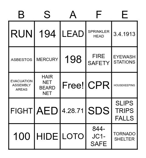 SAFETY AWARENESS BINGO Card