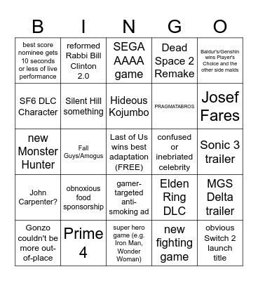 The Game Awards 2023 Bingo Card