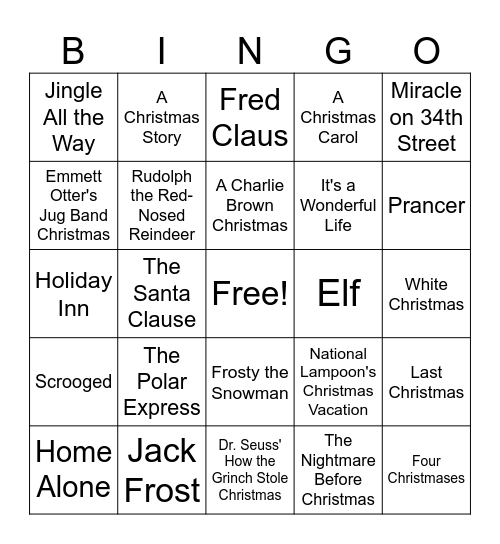 Holiday Movie BINGO Card