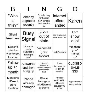 Cellular Sales Call Bingo Card