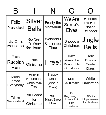 Christmas Song Bingo Card
