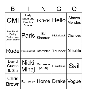 One Word Song Titles (Matt's Version) Bingo Card