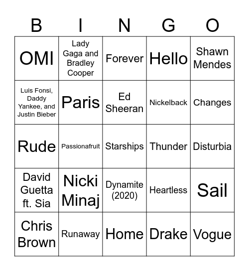 One Word Song Titles (Matt's Version) Bingo Card