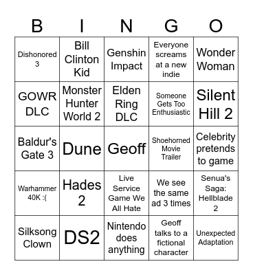 Game Awards Bingo Card
