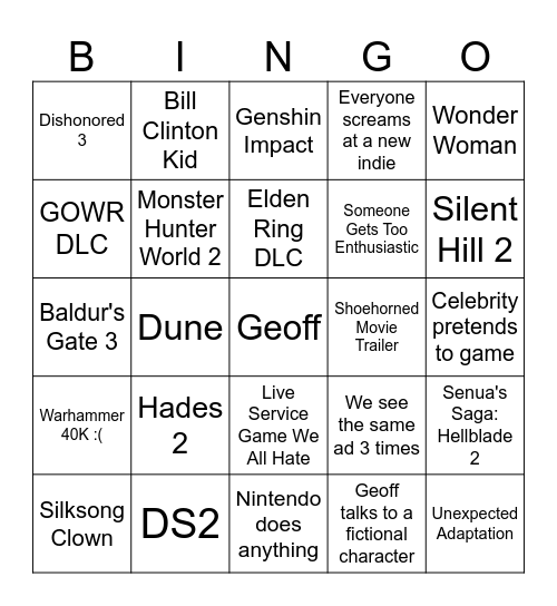 Game Awards Bingo Card