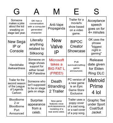 TGA 2023 Bingo Card