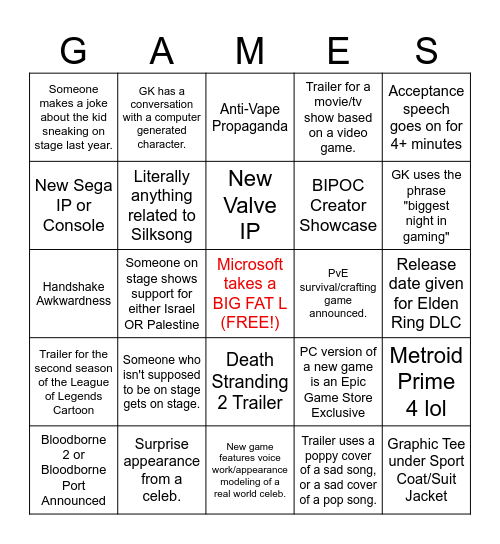 TGA 2023 Bingo Card