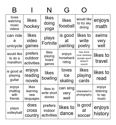 Interests & Hobbies Bingo Card