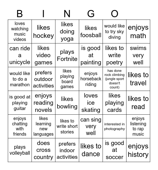 Interests & Hobbies Bingo Card