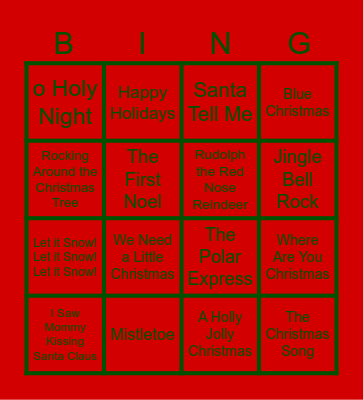 Holiday Music BINGO Card