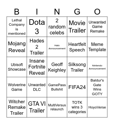 Game Awards 2023 Bingo Card