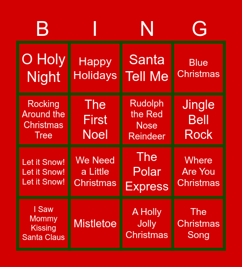 Holiday Music BINGO Card