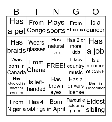 CARE Bingo Card