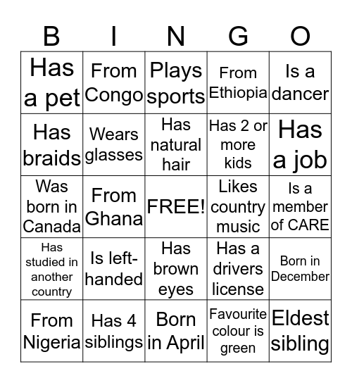 CARE Bingo Card