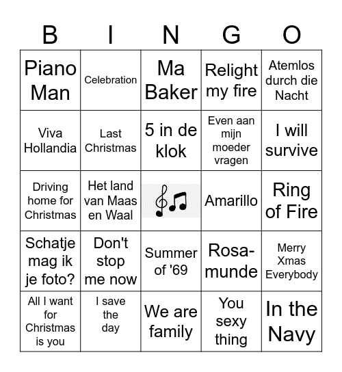 Muziekbingo december 2023 incl. kerstnummers Bingo Card