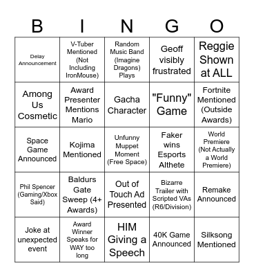 Game Awards Bingo Card