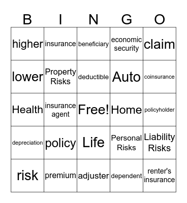 7th Grade Insurance Vocab Bingo Card
