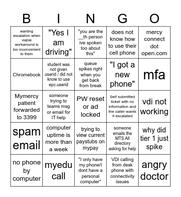 Service Desk Bingo Card