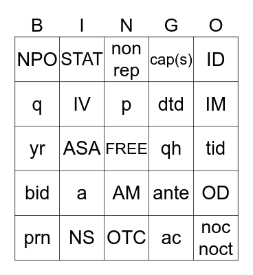 Pharmacy Abbreviations & Time or Frequncy Bingo Card