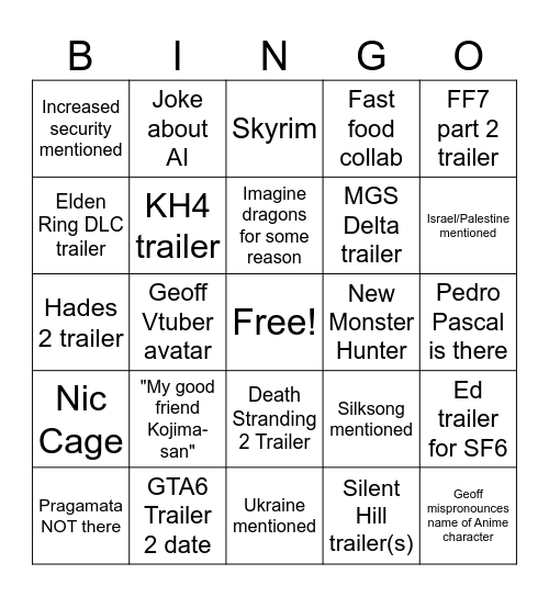 Game Awards 2023 Bingo Card