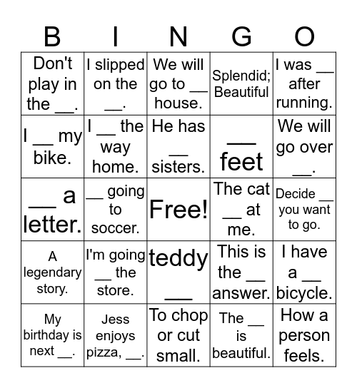 Homophone Bingo Card