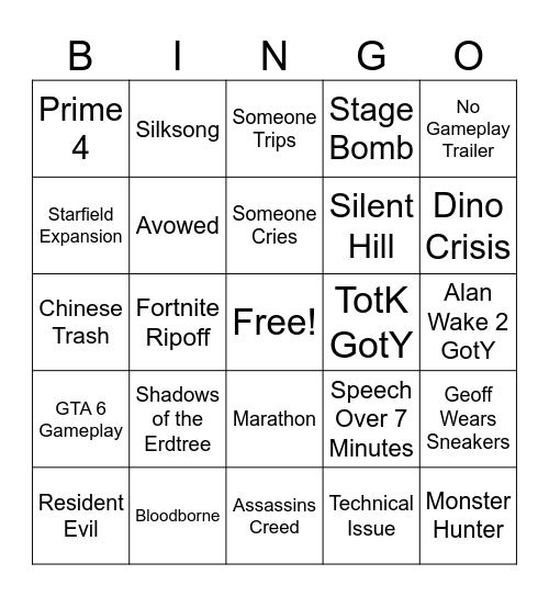 TGA 2023 BINGO Card