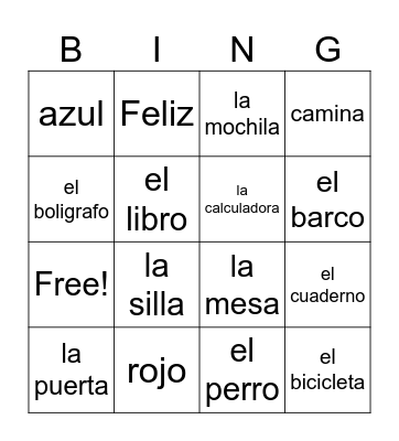 Spanish Vocabulary Bingo Card