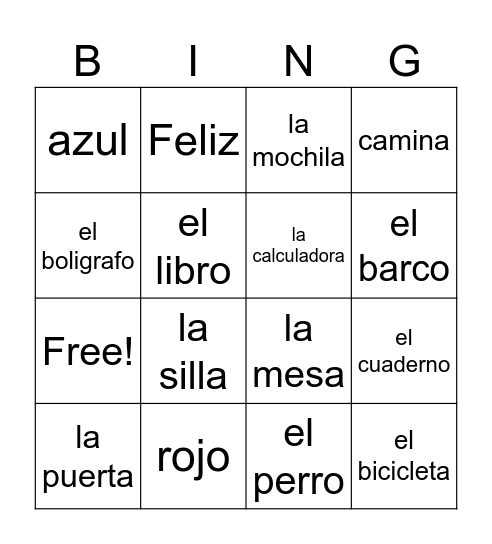 Spanish Vocabulary Bingo Card