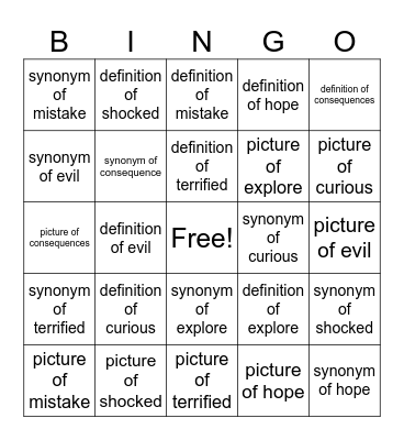 Pandora's Box Vocabulary Bingo Card