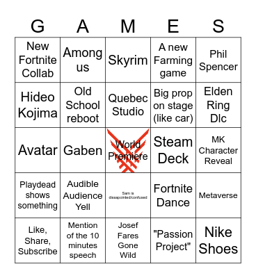 Game Awards 2023 Bingo Card