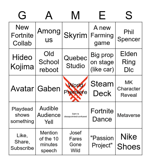 Game Awards 2023 Bingo Card