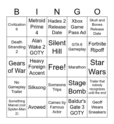 TGA 2023 Bingo 1 Bingo Card