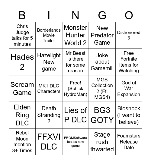 Game Awards 2023 Bingo Card