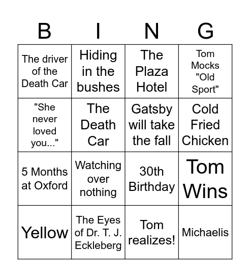 Great Gatsby Chapter 7 Bingo Card