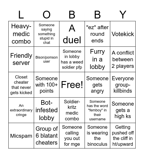 Tf2 lobby bingo Card