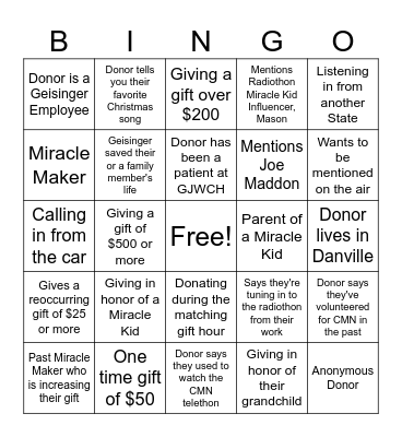 Kiss for Kids Holiday Radiothon Bingo! Bingo Card